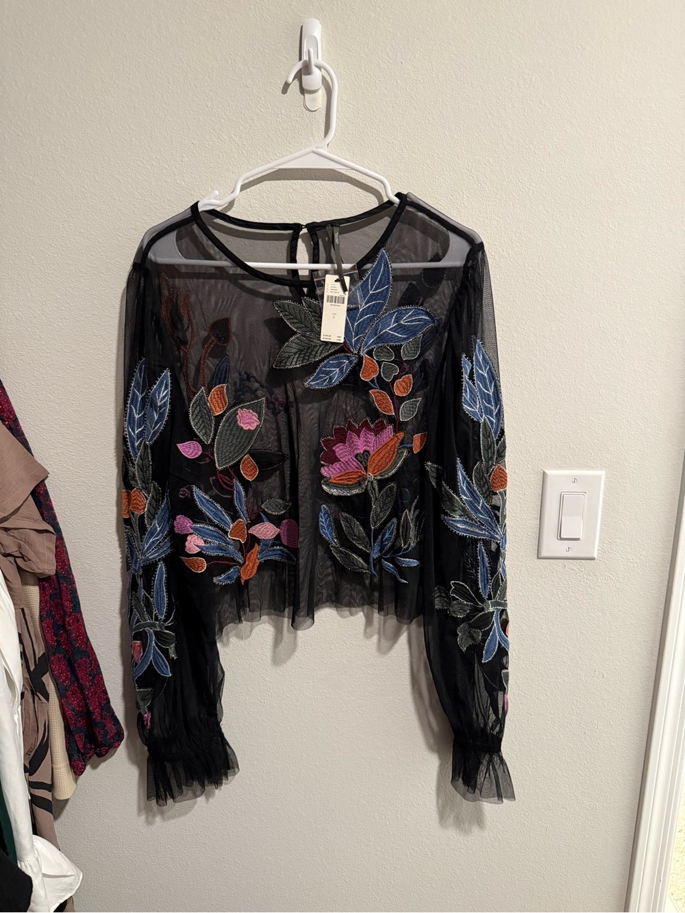 Anthropologie Black Sheer Floral Embroidered Crop Blouse